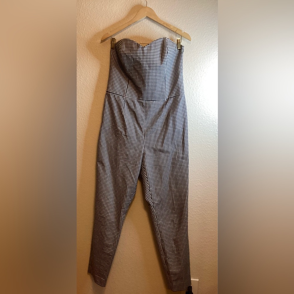 Michael Kors Gingham Print Strapless Jumpsuit - Size 12 (Navy/White)